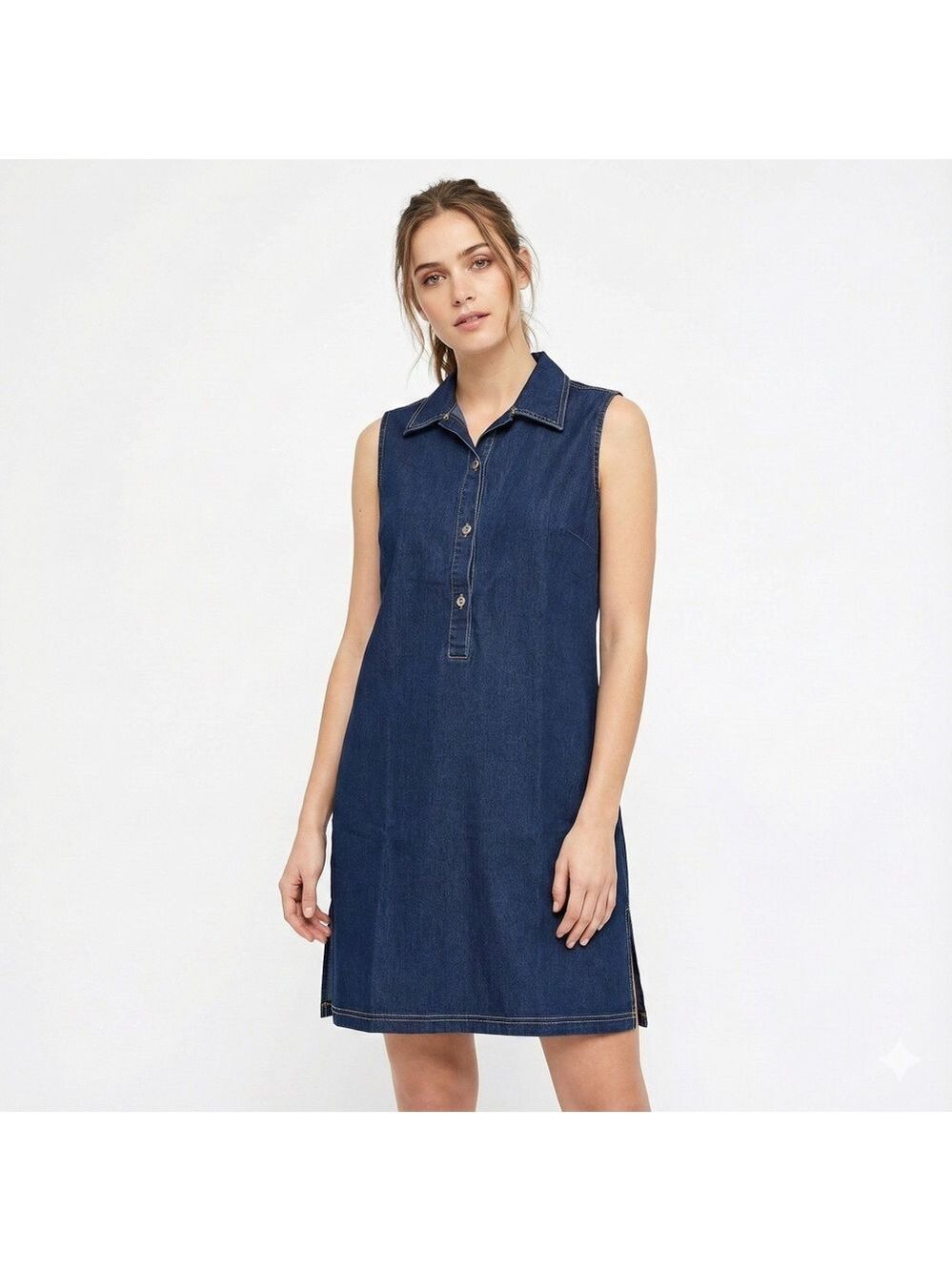 TRIANGLE TRENDS Cotton Sleeveless Denim Shirt Dress / Tunic MADE IN HONG KONG L